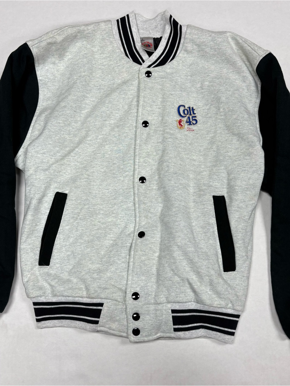 Colt 45 Malt Liquor Gray and Black Varsity Bomber Jacket sweatshirt fabric